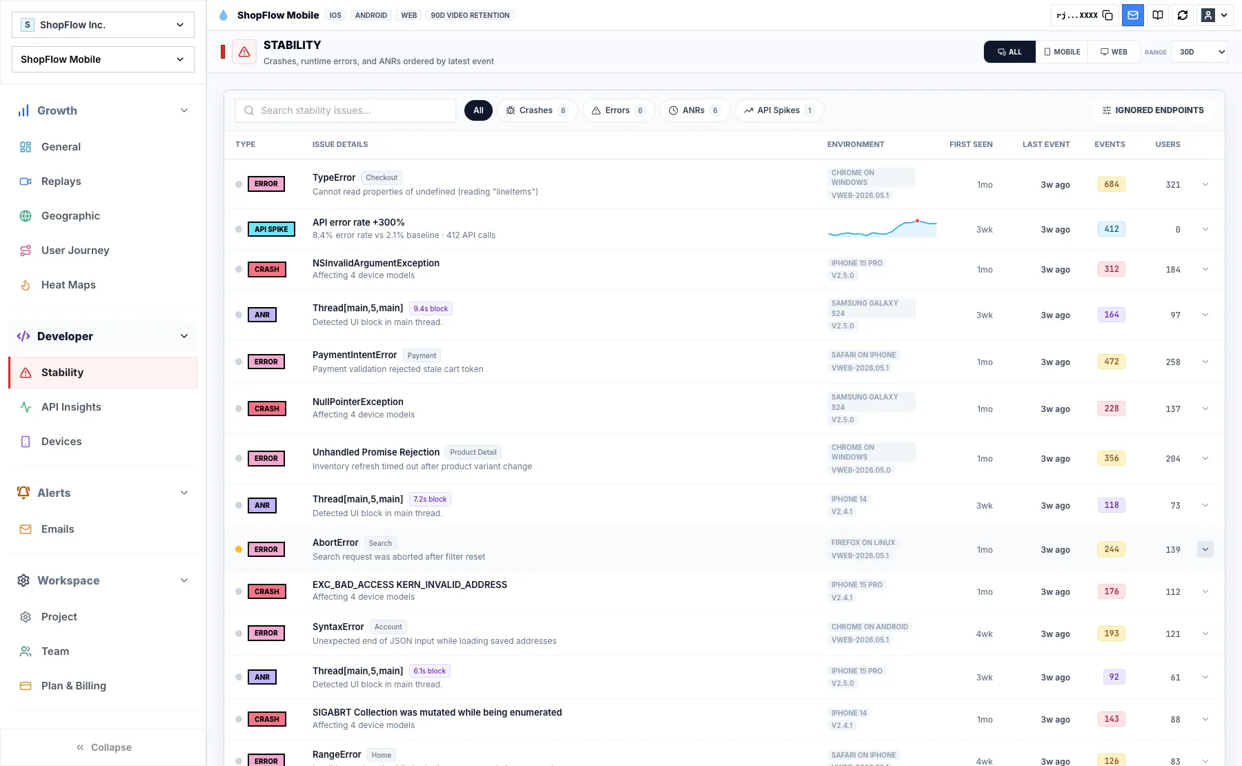 Rejourney stability monitoring table with crashes, ANRs, API spikes, events, and affected users