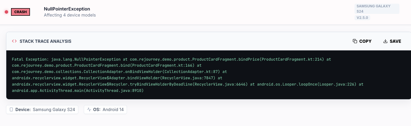 Crash stack trace analysis showing a NullPointerException affecting Samsung Galaxy S24 on Android 14