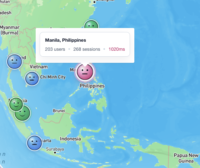 Regional friction map showing Manila sessions with high latency