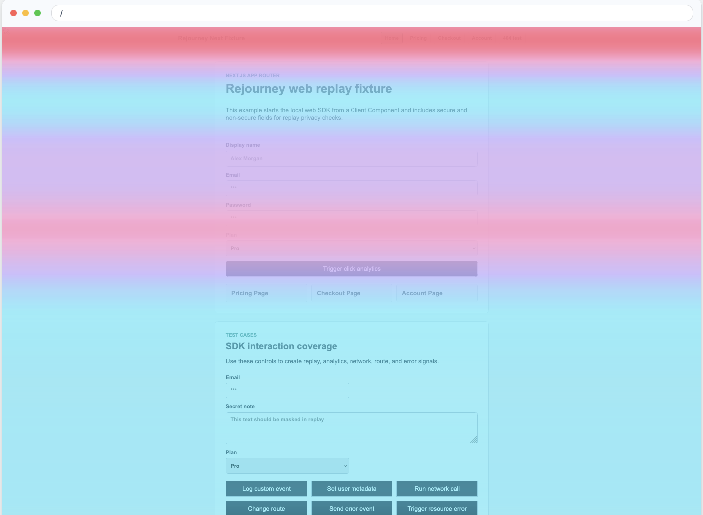Rejourney web attention map over a Next.js fixture page