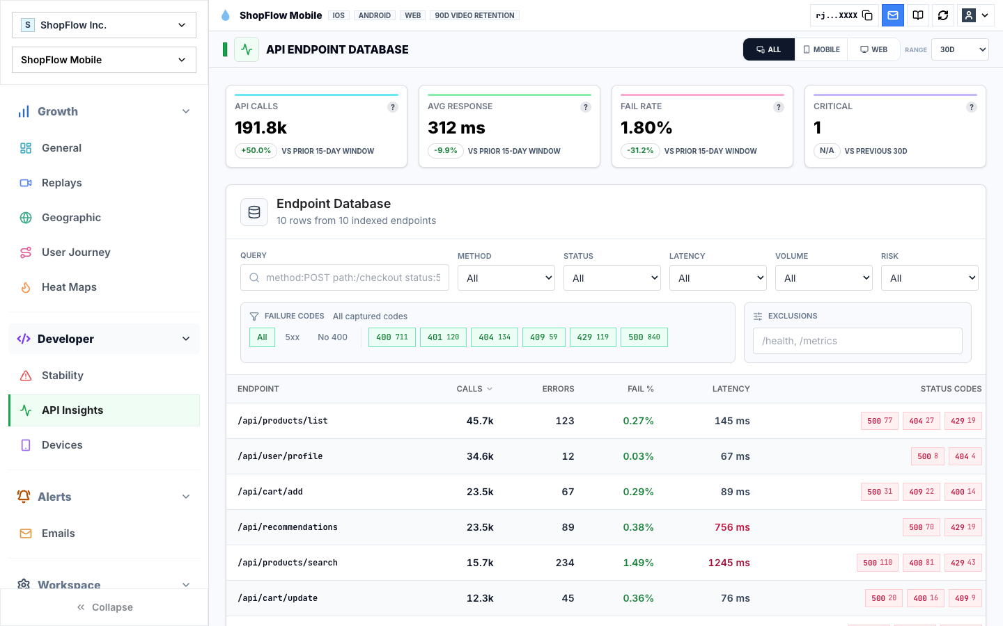 Rejourney API endpoint insights dashboard used for self-healing workflows