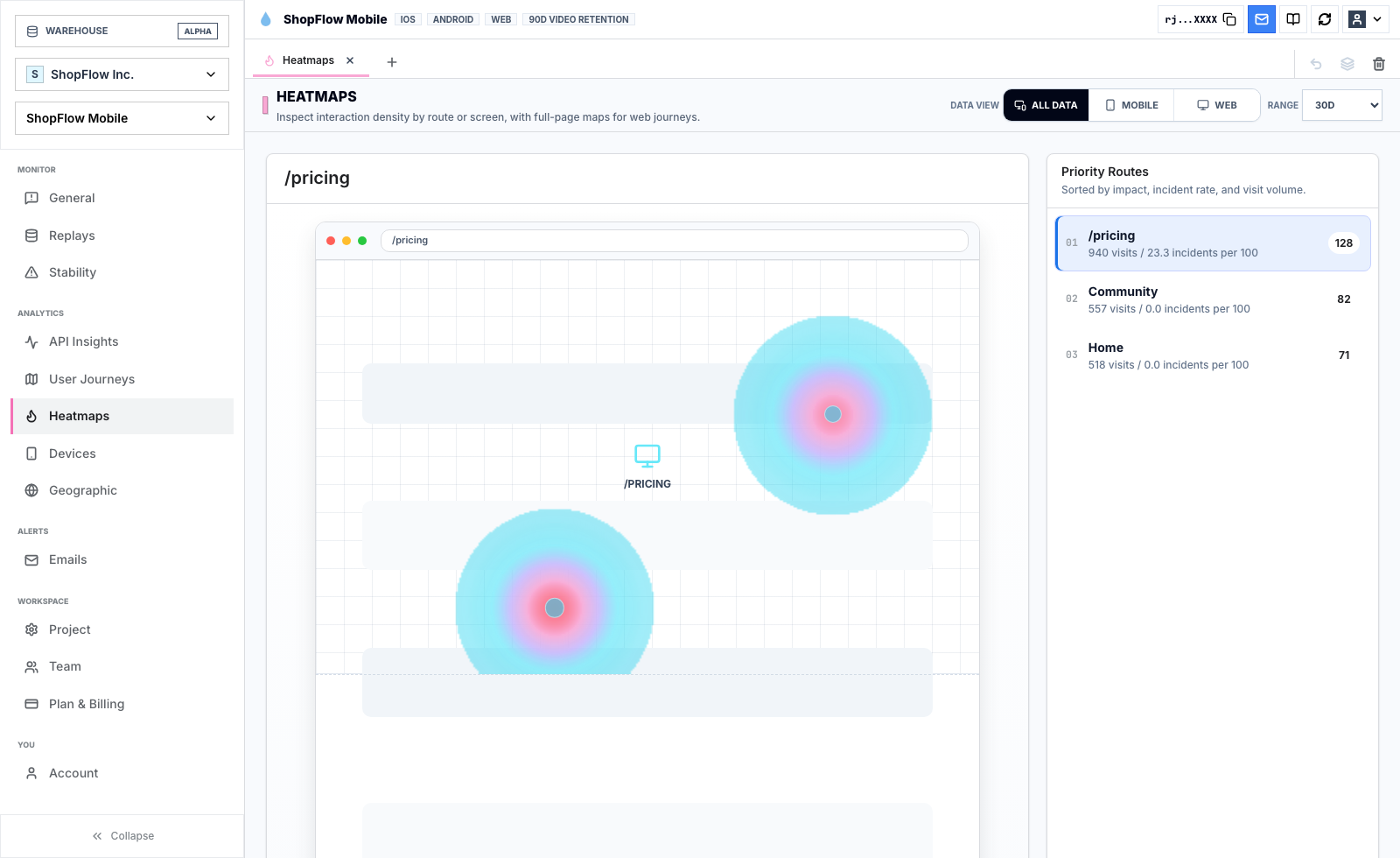 Rejourney live demo heatmap dashboard showing interaction density on a pricing route with priority routes sorted by visits and incident rate