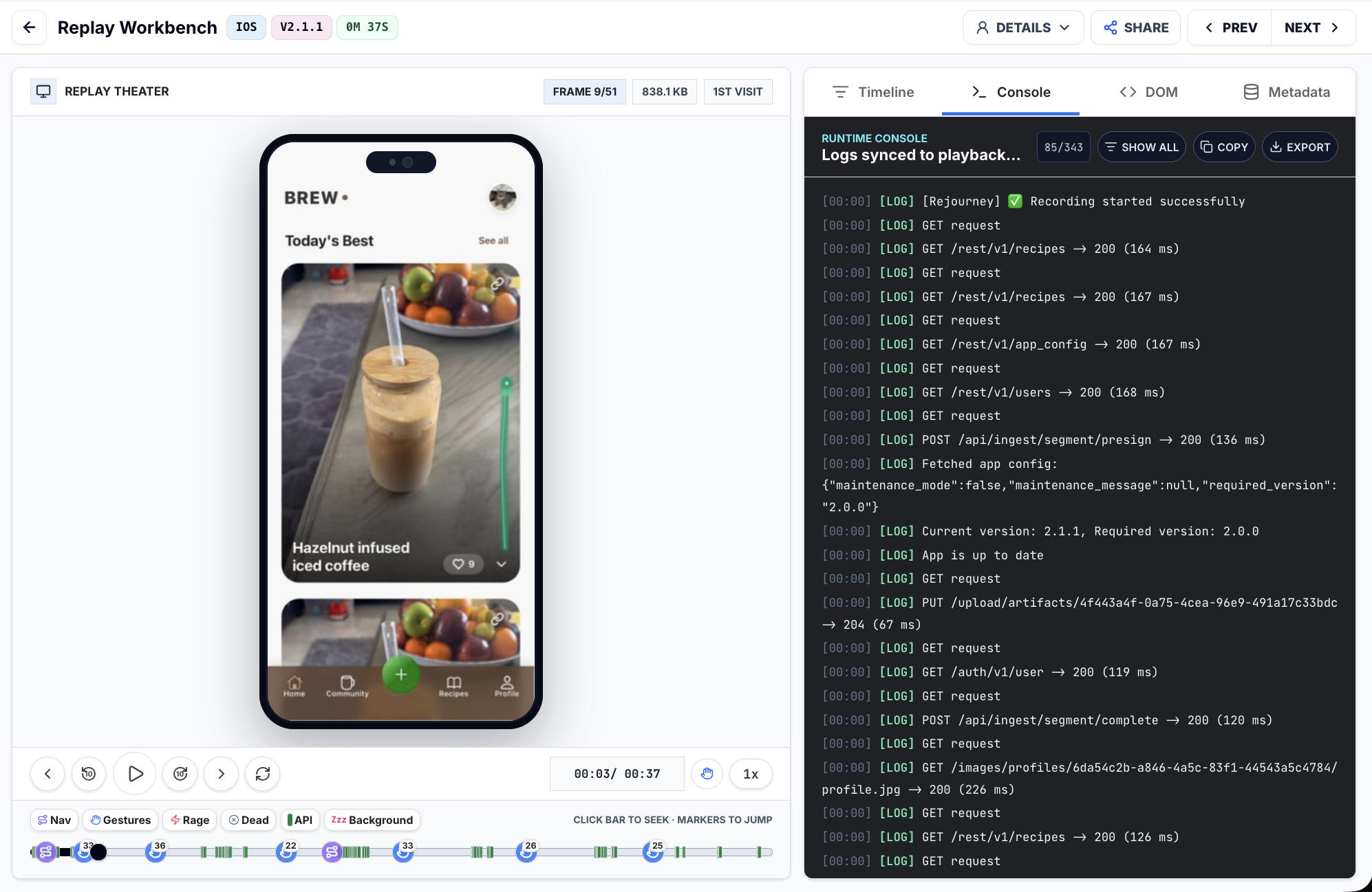 Rejourney Replay Workbench showing session replay with synchronized timeline and evidence